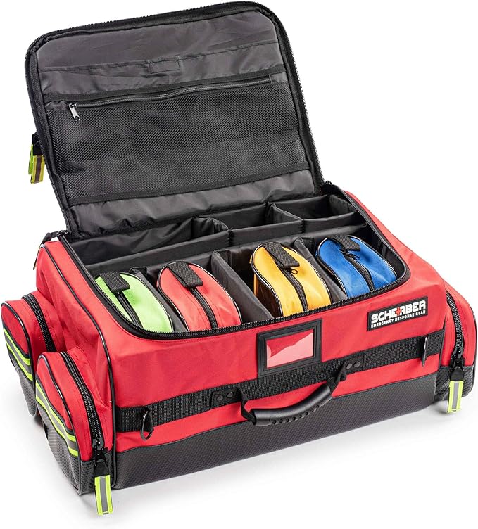 Scherber First Responder O2 Bag | Ultimate Professional EMT/EMS Trauma Oxygen Kit | Durable Reflective 600D Water Repellant Bag w/10+ Compartments, Zippered Pockets, Dividers & Padded Strap | XL - Red
