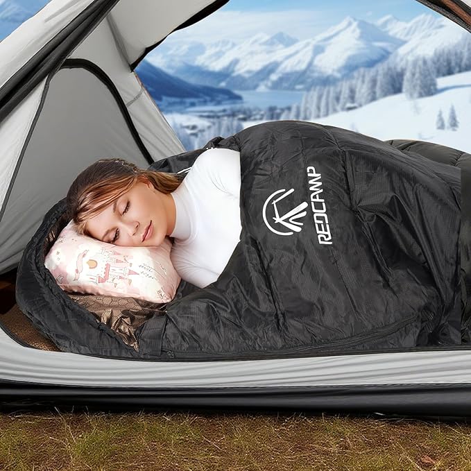 REDCAMP Flannel Sleeping Bag for Adults, Comfortable Cotton Sleeping Bags for Camping with Detachable Hood, Red/Grey/Blue/Black