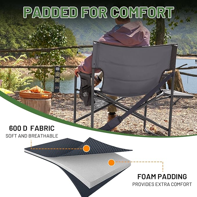 Timber Ridge XXL Director’s Chair – Heavy Duty Folding Camping Chair for Adults, 500lb Capacity, Extra Wide Padded Seat for Camping, Sports, Lawn, Courtyard, and Outdoor Use, Grey