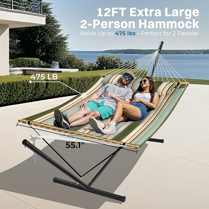 SUPERJARE Hammock with Stand, 2 Person Quilted Outdoor Hammock, Detachable Pillow & Bamboo Spreaders, Portable Hammock with Carrying Bag, Heavy Duty Stand, Perfect for Outside, Patio, Retro Green