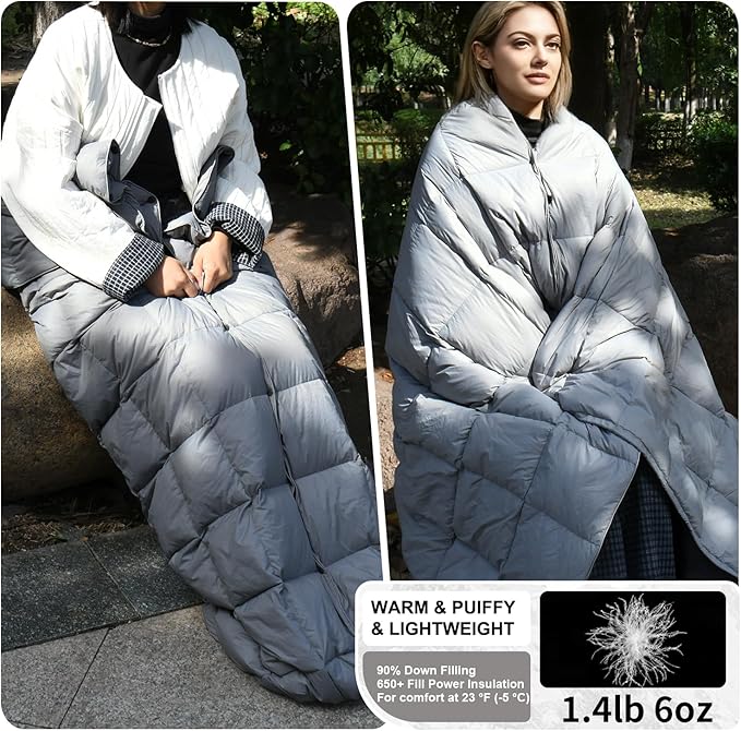 Down Camping Blanket - Lightweight, Packable, Warm & Puffy Outdoor Travel Quilt for Sleep, Hiking, Backpacking, Stadium, Festivals, Water-Resistant Sleeping Bag 55"x79"