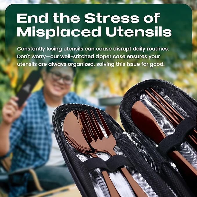 Taplord Portable Travel Silverware Set With Case, Includes 5 Pcs of Travel Utensils With Case, Stainless Steel Flatware Set For Camping, Easy to Travel, Lightweight (Rose Gold)