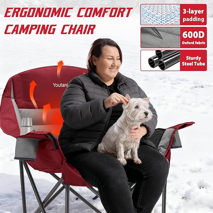 Youtanic Heated Camping Chair, 3 Heat Levels Oversized Padded Lawn Chair with Side Pockets and Cup Holder, Outdoor Heating Folding Camp Chair for Adults, Fishing, Sports, Picnic, up to 500lbs, Style 3