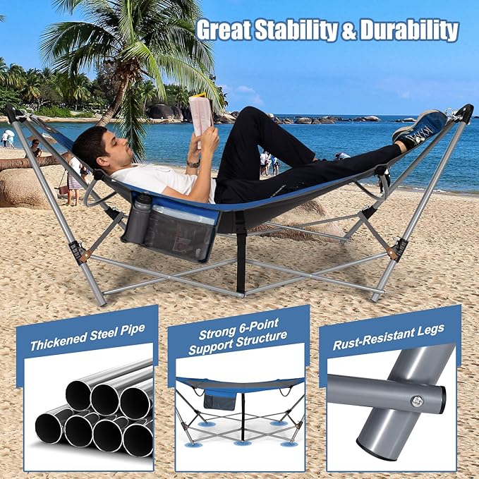 Portable Folding Hammock w/Side Pocket, Lounge Camping Bed w/Metal Stand & Anti-tip Buckles, Outdoor Camping Hammock with Carrying Bag for Patio Garden Yard, Easy Assembly (Blue)