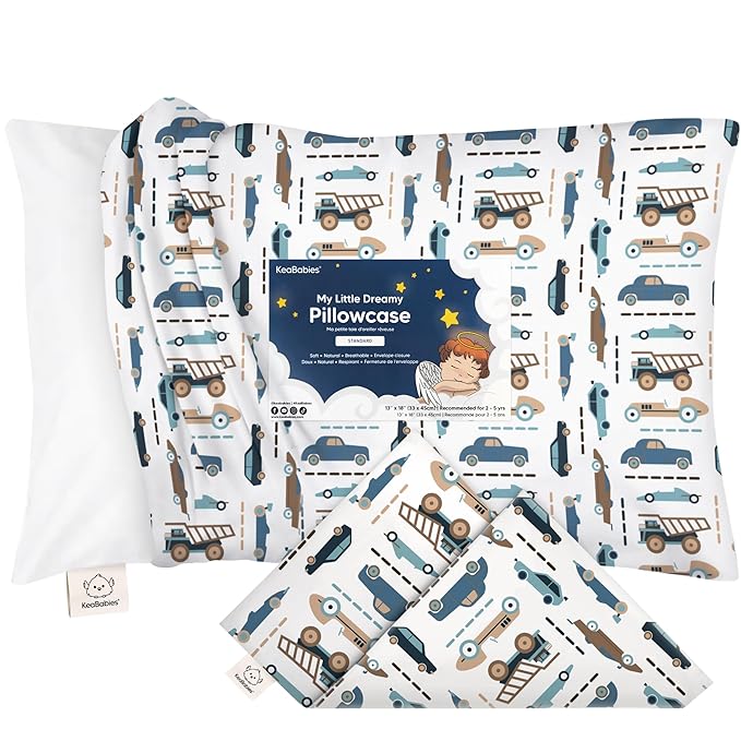 KeaBabies Toddler Pillowcase 13"x18" - Organic Cotton Toddler Pillowcase for Kids, Boys, Girls, Soft & Durable Cotton Cover for Miniature Sleepy Pillows, Cute Colors, Pillow Sold Separately (Vroom)