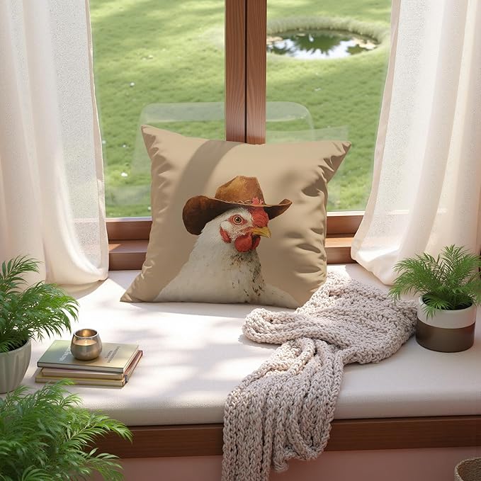 Vintage Western Chicken Pillow Covers 18x18, Chicken Lover Mom Lady Gifts, Rustic Country Southwest Farm Animal Rooster Hen Decorative Throw Pillow Covers for Home Bedroom Living Room
