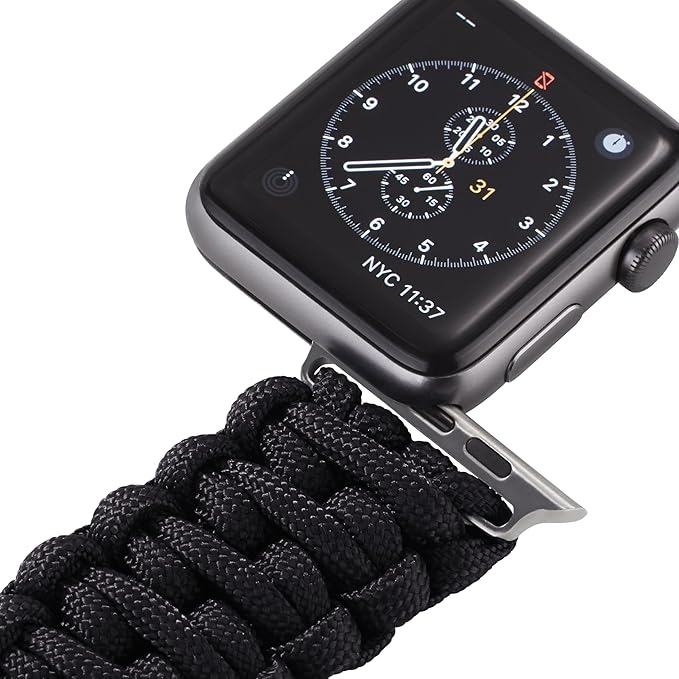 Savior Survival Gear Paracord Watch Band,Compatible with Apple Watch Band 49mm 46mm 45mm 44mm 42mm,iWatch Band Series Ultra 10 9 8 7 6 5 4 3 2 1 SE,Adjustable strap for men(Black w/ Gray Clasp, Large)
