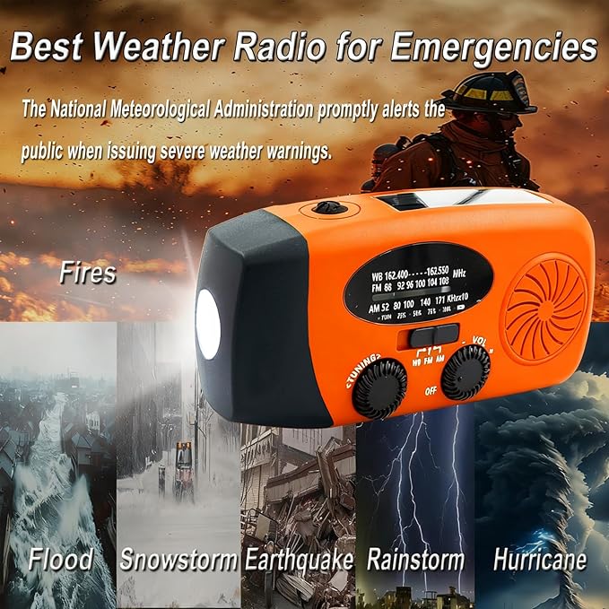 Emergency Weather Radio, 2000mAh Solar Hand Crank Portable AM/FM NOAA Radio, Battery Powered with Cell Phone Charger, LED Flashlight, SOS Alarm for Camping & Home Emergencies (Orange)
