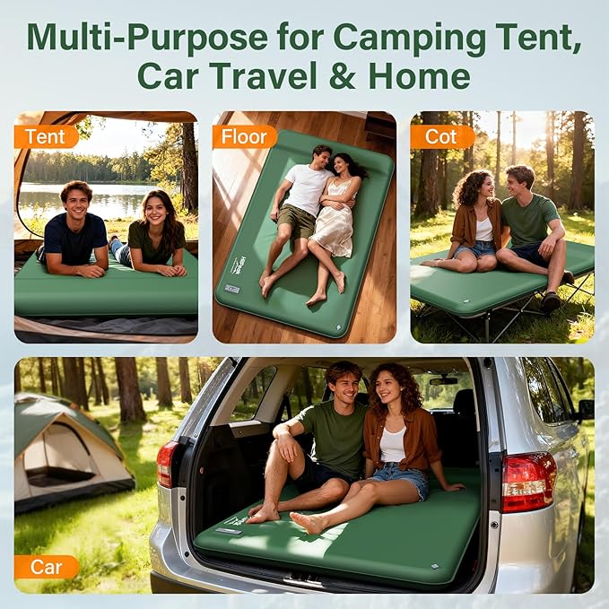 HiiPeak Double Camping Sleeping Pad with Electric Pump, 3" Thick 2 Person Self Inflating Memory Foam Mattress Pad with Pillow, Portable Sleeping Mat for Travel, Car, Tent, Full Size (Green)