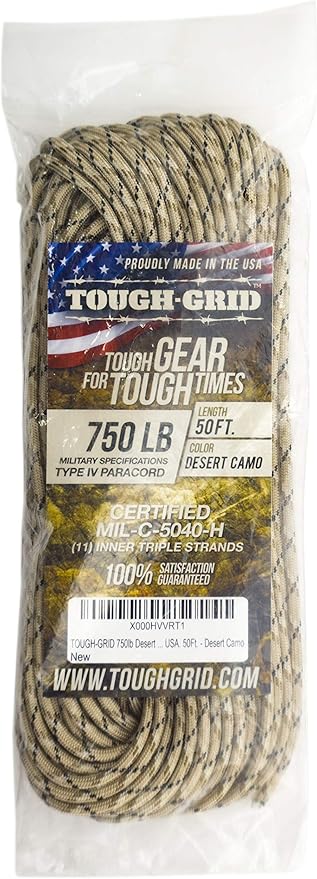 TOUGH-GRID 750 Paracord Military Grade Nylon Rope - Type IV Mil-Spec Made in USA - Tactical Survival Cord