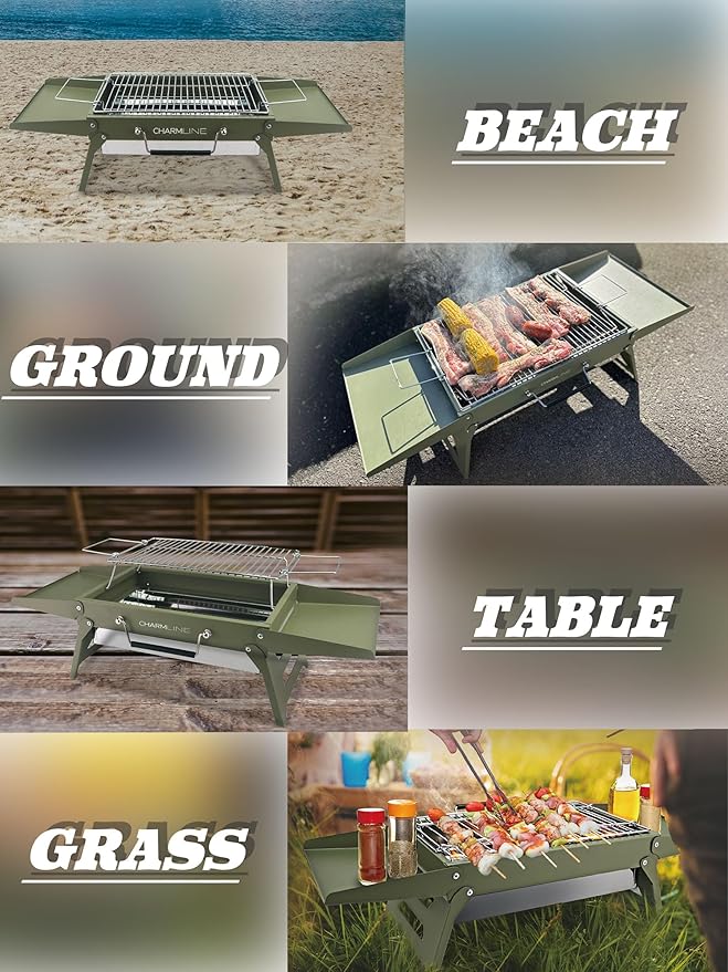 Charmline 20 x 14 inches Large Foldable Portable Charcoal BBQ Grill, Camping BBQ Grill for 3–5 People, Ideal for Camping, Garden, Beach, Picnic & Tabletop Use, Green