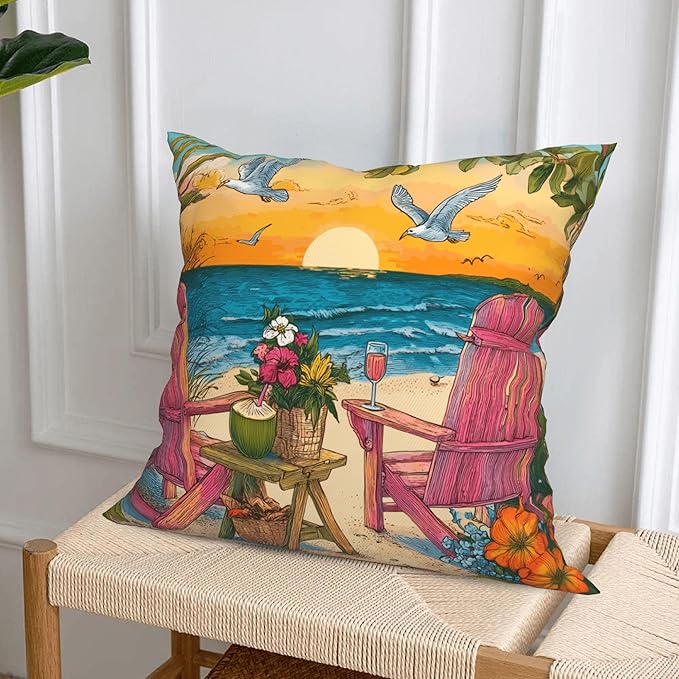 Summer Coastal Throw Pillow Covers 18 X 18 Inch Set of 4 Decorative Cushion Cover Home Decor for Sofa Chair Couch Bedroom Living Room