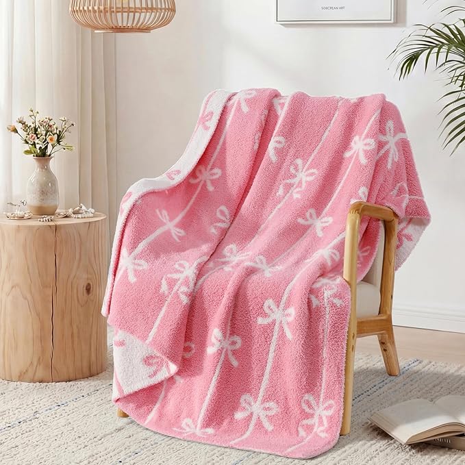 WRENSONGE Bow Throw Blanket Pink Soft Cozy Fluffy Warm Throw for Couch Sofa Bed Camping Picnic Travel Lightweight - 50"*60"