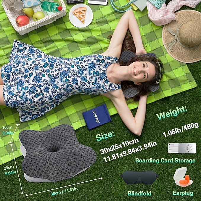SAHEYER Travel Pillow for Sleeping, Ergonomic Cervical Neck Support Pillows, Lightweight Memory Foam Travel Pillow for Camping, Backpacking, Hammock - with Travel Storage Bag and Cooling Cover, Black