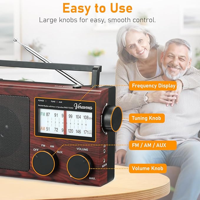 Portable AM/FM Radio with Bass Control, Equipped with a Built-in high-Power Speaker, Headphone Jack, and AUX Audio Input, Supports Battery or AC Power Operation (Red Oak Wood Grain)