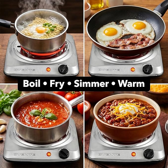 OVENTE Electric Countertop Single Burner, 1000W Cooktop with 6" Stainless Steel Coil Hot Plate, 5 Level Temperature Control, Indicator Light, Compact Cooking Stove and Easy to Clean, Silver BGC101S