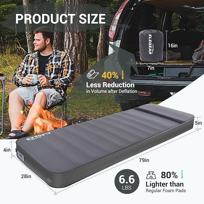 Elegear CumbreX™ Air & Foam Self Inflating Sleeping Pad, Built-in Electric Pump 4" Ultra-Thick Memory Foam Camping Mattress with Pillow Camping Pad 4-Season R-Value 9.5 Camp Mat (Grey, Single)