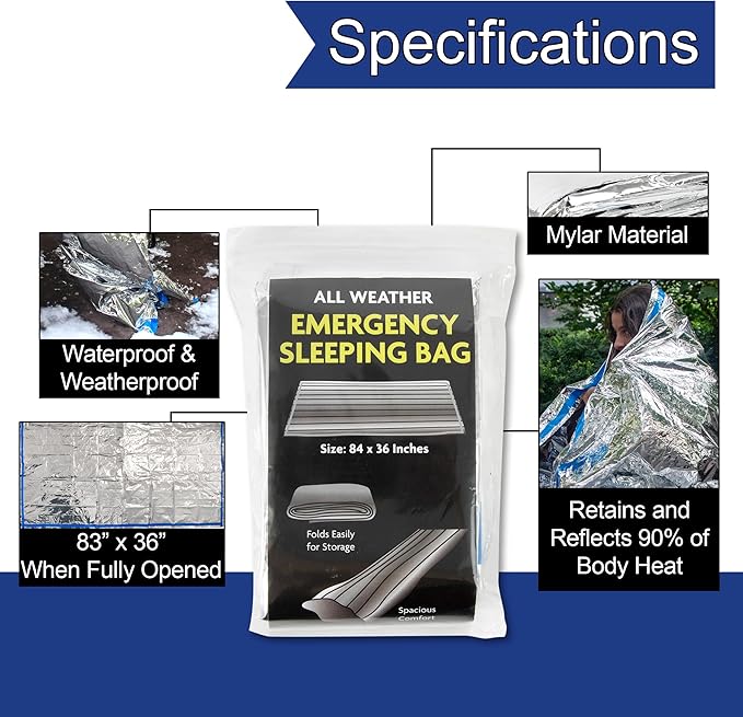 Mylar Emergency Thermal Blanket Sleeping Bag for Survival (2 Pack), Thick Reusable Mylar Space Blankets Bulk 84"L x 36"W Emergency Foil Blankets for Camping, Warmth, Runners, Spa, First Responders