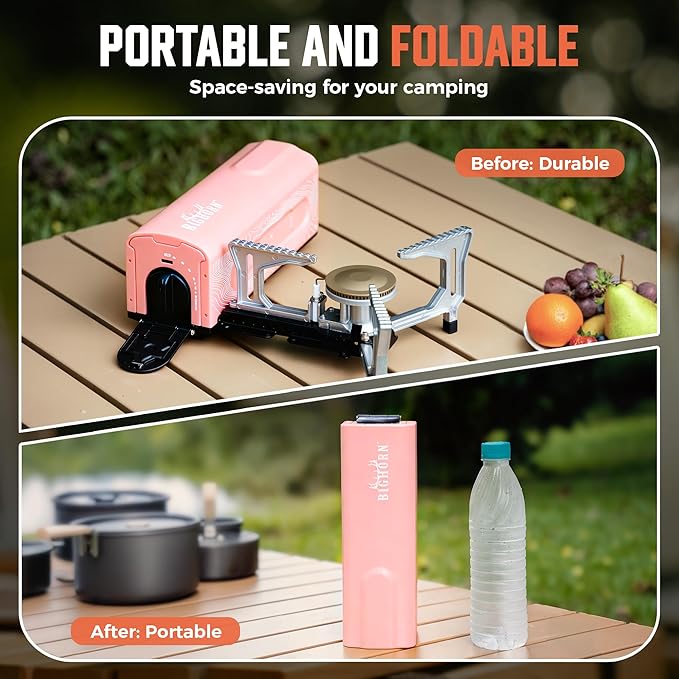 BIG HORN OUTDOORS Butane Camping Stove, Portable Folding Gas Burner with Carry Bag for Camping, Emergency Use and Outdoor Cooking, Pink
