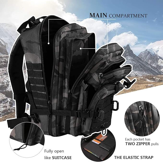 Hannibal Tactical MOLLE Assault Pack, Tactical Backpack Military Army Camping Rucksack, 3-Day Pack Trip w/USA Flag Patch, D-Rings, Black Camo