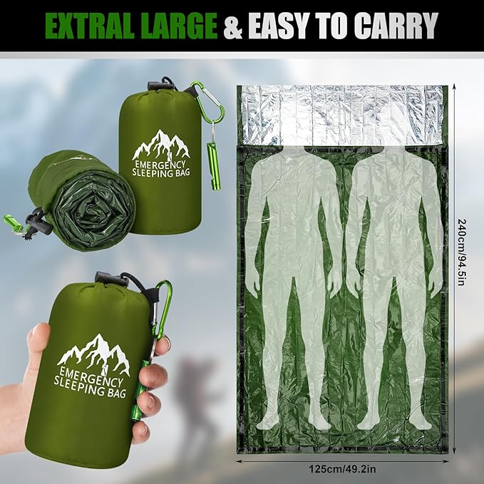 Oudain 2 Pcs XL Emergency Sleeping Bag 94.5" x 49.2" Waterproof Survival Sleeping Bag with Whistle Carabiner Portable Thermal Bivy Sack Emergency Blankets for Camping Hiking Outdoor