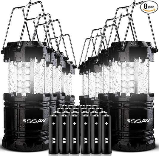 8 Pack LED Camping Lantern, LED Lanterns, Suitable Survival Kits for Hurricane, Emergency Light for Storm, Outages, Outdoor Portable Lanterns, Black, Collapsible | Batteries Included