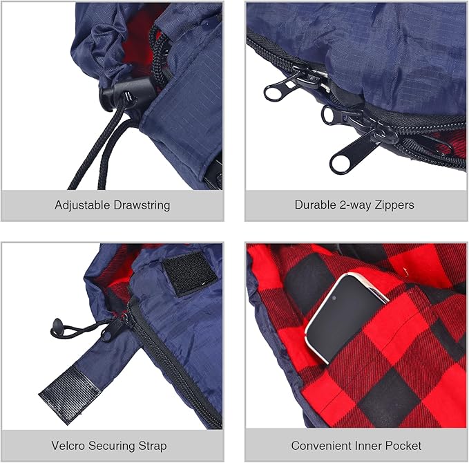 REDCAMP Flannel Sleeping Bag for Adults, Comfortable Cotton Sleeping Bags for Camping with Detachable Hood, Red/Grey/Blue/Black