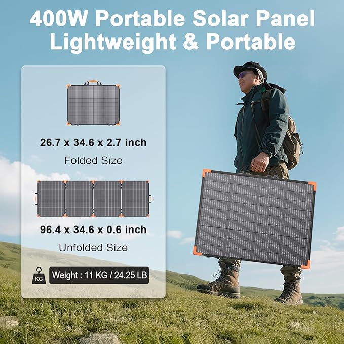 400W Bifacial Portable Solar Panel, 33V Lightweight Foldable Solar Charger for Power Station, IP68 Waterproof 23.5% High Efficiency with Adjustable Kickstands for Camping RVs Home Backup