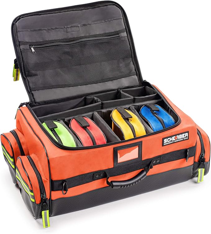 Scherber First Responder O2 Bag | Ultimate Professional EMT/EMS Trauma Oxygen Kit | Durable Reflective 600D Water Repellant Bag w/10+ Compartments, Zippered Pockets, Dividers & Padded Strap - Orange