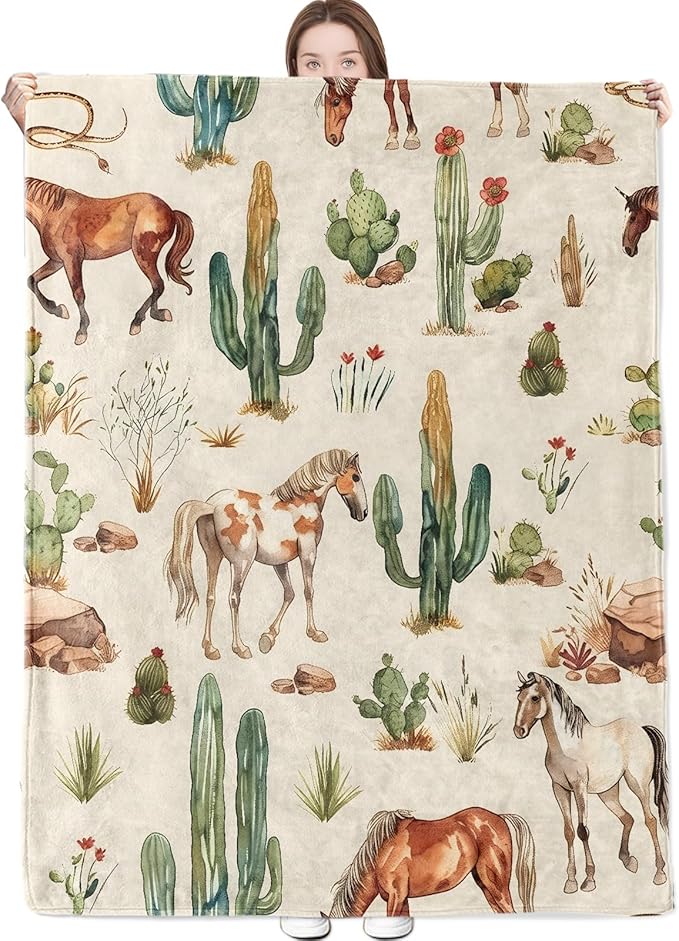 Western Horse Blanket with Cactus and Wild Mustang Pattern Throw Blankets Lightweight Flannel Throws for Camping Couch Chair Office Bed Rustic Home Decor Gifts for Adults,60x50inch