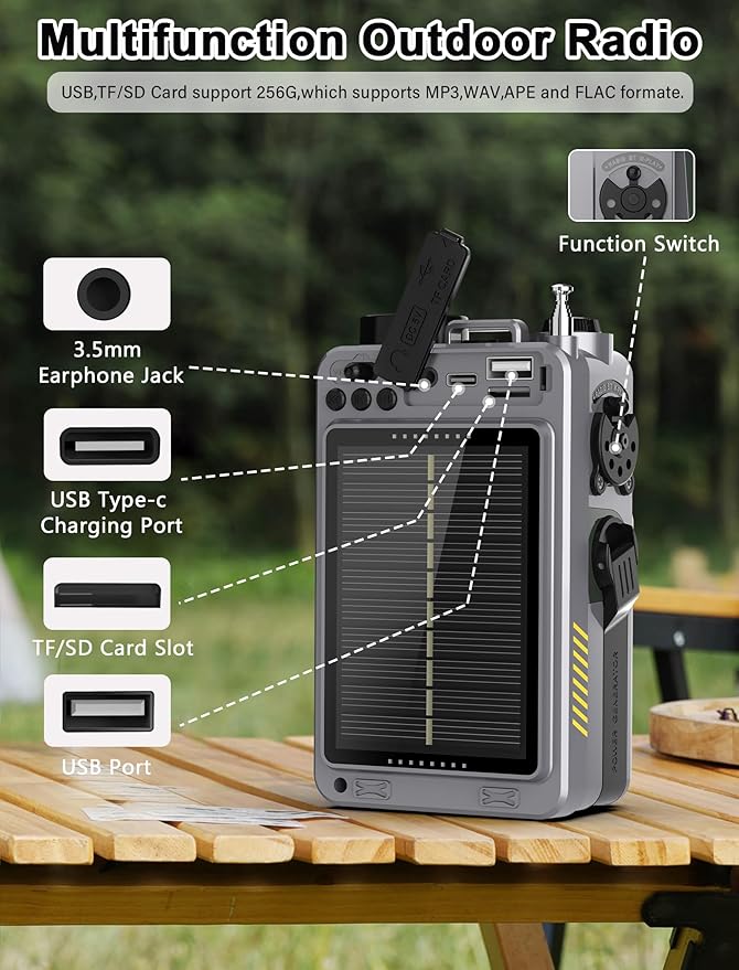 Digital Shortwave Radio with Bluetooth 5.4,AM/FM/SW with NOAA Weather Alert, 4000mAh Emergency Radio Hand Crank Solar,5W Speaker/SOS/Flashlight/Support SD Card USB MP3 Player for Emergency