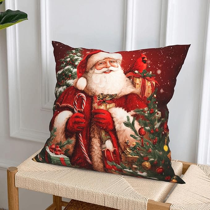 Santa Claus Throw Pillow Covers 18 X 18 Inch Set of 4 Decorative Cushion Cover Home Decor for Sofa Chair Couch Bedroom Living Room