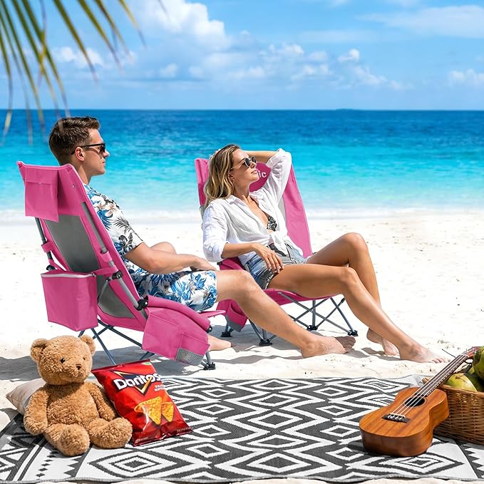 Youtanic High Back Beach Camping Chair 2 Pack, Extra Wide Folding Outdoor Chair with Cooler Bag, Breathable Mesh & Dual-Use Pillow, Portable Lounge Seat for Adults, Sand, Sports, Picnic, Pink