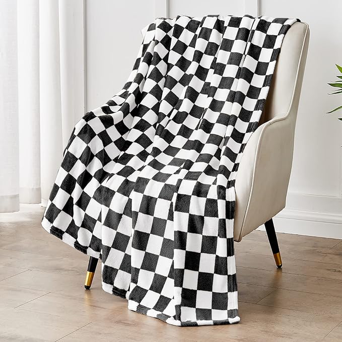 Edenleaf Checkered Blanket Flannel Throw Blankets Soft Cozy Checkered Grid Print Chessboard Gingham Pattern Throws for Bed Sofa Couch for All Seasons, 50x60 Inch, Black