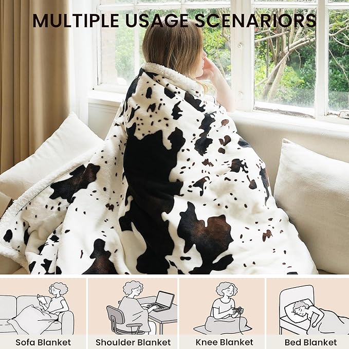 Heated Blanket Throw Blanket - Fast Heating Electric Blanket, Soft Flannel Heated Throw with 4 Time Settings, 10 Heating Settings, Warm Gifts for Women & Mom & Grandma(50"x60"Cow Print White)