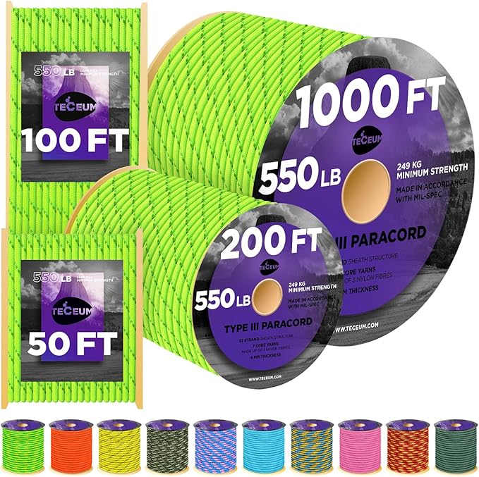 TECEUM Reflective Paracord Rope 1000 – 1000ft/200ft/100ft/50ft – 40+ Colors – Glow in The Dark – para Cord – Utility Rope for Survival, Hunting & Camping Gear – Nylon String, Camping Rope, Tent Cord