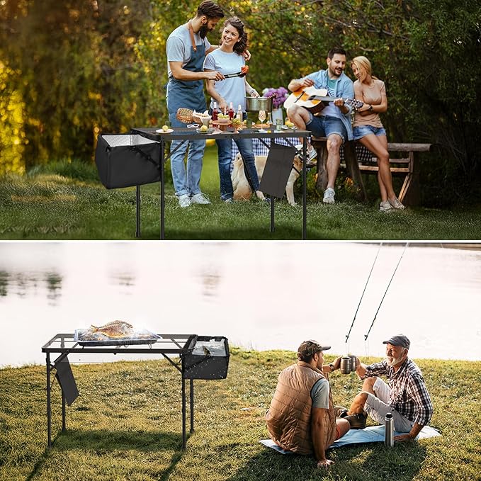 WildFinder Portable Folding Grill Table with Sink for Outdoor, Lightweight Aluminum Frame Folding Grill Stand Picnic Table Camping Cooking BBQ, RV Picnic,2 Heights Adjustable(Black)