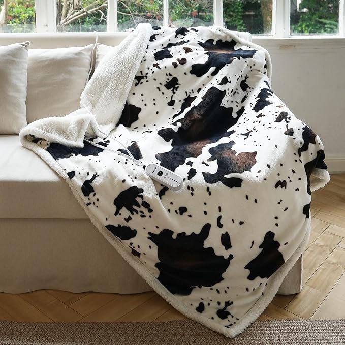 Heated Blanket Twin Blanket - Fast Heating Electric Blanket, Soft Flannel Heated Twin with 4 Time Settings,10 Heating Settings, Warm Gifts for Women & Mom & Grandma(62"x84"Cow Print White)