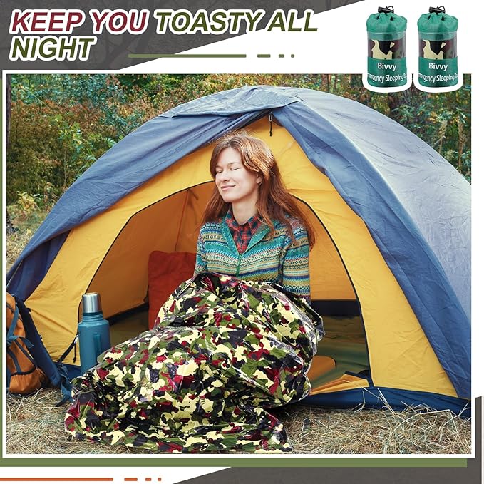 Preboun Camo Emergency Sleeping Bags Camo Blankets Emergency Shelter Survival Gear Portable Lightweight Thermal Bivy Sack Waterproof for Outdoor Camping Hiking Homeless Shelter