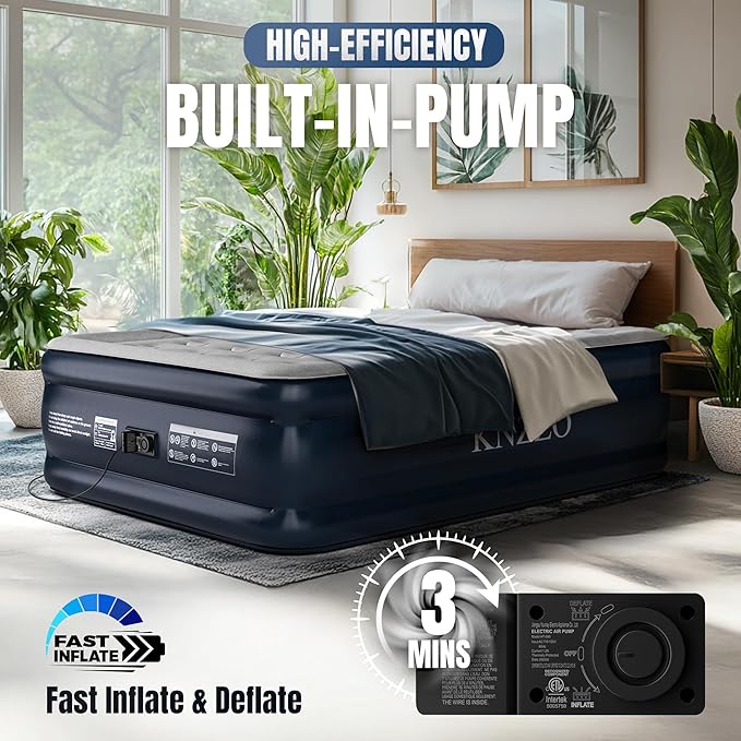 KNZZO Full Air Mattress with Built-in Pump, 18" Top Inflatable Mattress with Waterproof Flocking Fabric, Three-Minute Quick-Inflatable Bed. Portable Blow Up Mattress for Home, Outdoor and Guests