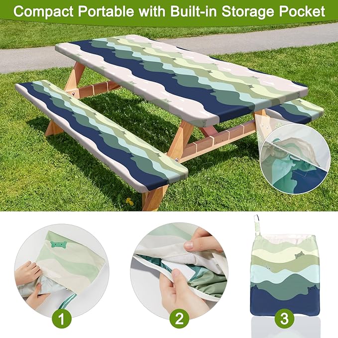 Picnic Table Cover with Bench Covers Portable Table Cloth Built-in Storage Pocket Fitted Tablecloth with Elastic Edges Waterproof Camping Essentials for Indoor Outdoor Rv,72in,Green Cat