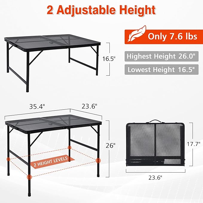 JOUYEK Folding Grill Table, 3x2 FT Portable Camping Table, Height Adjustable Metal Tables with Mesh Desktop and Mesh Bag, Outdoor Furniture for Camping, Picnic, Beach and BBQ, Black