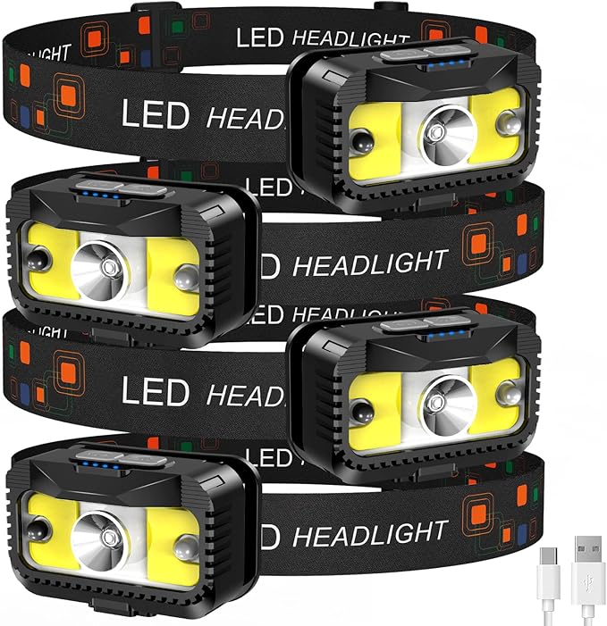 MIOISY Headlamp Rechargeable, Ultra Bright LED Head Lamp Flashlight with White Red Light, Motion Sensor Waterproof Headlight,8 Modes Head Lights for Outdoor Camping Fishing Running-4 Pack