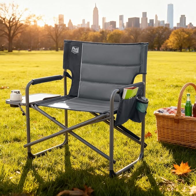 Timber Ridge XXL Director’s Chair – Heavy Duty Folding Camping Chair for Adults, 500lb Capacity, Extra Wide Padded Seat for Camping, Sports, Lawn, Courtyard, and Outdoor Use, Grey