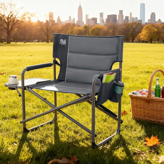 Timber Ridge XXL Director’s Chair – Heavy Duty Folding Camping Chair for Adults, 500lb Capacity, Extra Wide Padded Seat for Camping, Sports, Lawn, Courtyard, and Outdoor Use, Grey