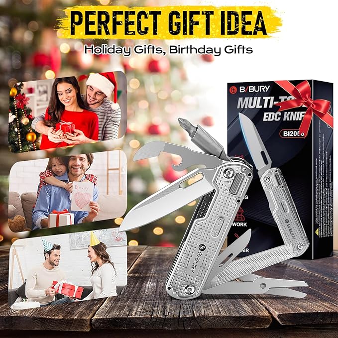 BIBURY Multitool Pocket Knife BI2056, Stainless Steel Multi Tool Knife with Clip, Folding Multitool EDC Knife with Magnetic Locking,Screwdriver,Large Scissors,Glass Breaker for Survival Camping Hiking