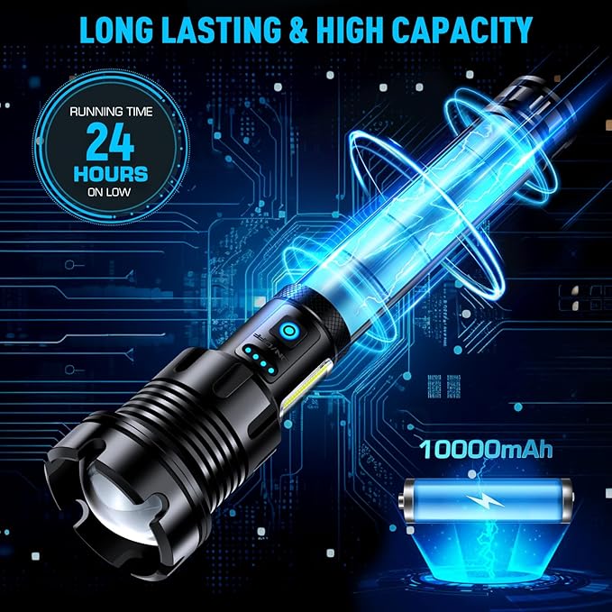 ANKRA 990000 High Lumens Flashlights Rechargeable with COB Work Light Super Bright LED Flashlight Zoomable&14 Modes &Waterproof Tactical Flashlight for Emergencies,Camping,Hiking,Outdoor,Indoor