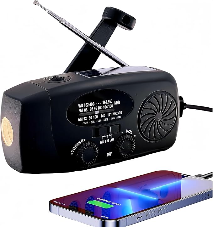 iRonsnow Solar Emergency Hand Crank Weather Radio, Portable Self Powered NOAA AM/FM Radios with SOS Alarm LED Flashlight 5000mAh Smart Phone USB Charger for Camping (Black)