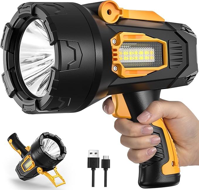 MIXILIN Rechargeable Spotlight 2,000,000 Lumens, Super Bright LED Spotlight Flashlight Outdoor with COB Light & Foldable Tripod, 10000ɱAh Long Lasting Large Handheld Spot Light for Boating Camping