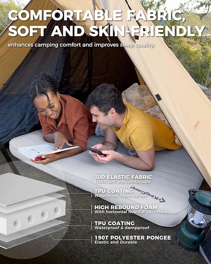 KingCamp Self Inflating Sleeping Pad, 6" Ultra Thick R 15.5 Air & Foam Camping Mattress 2 Person, Full Size Double Sleeping Pad for Camp Tent Outdoor Car, PVC Free, Grey